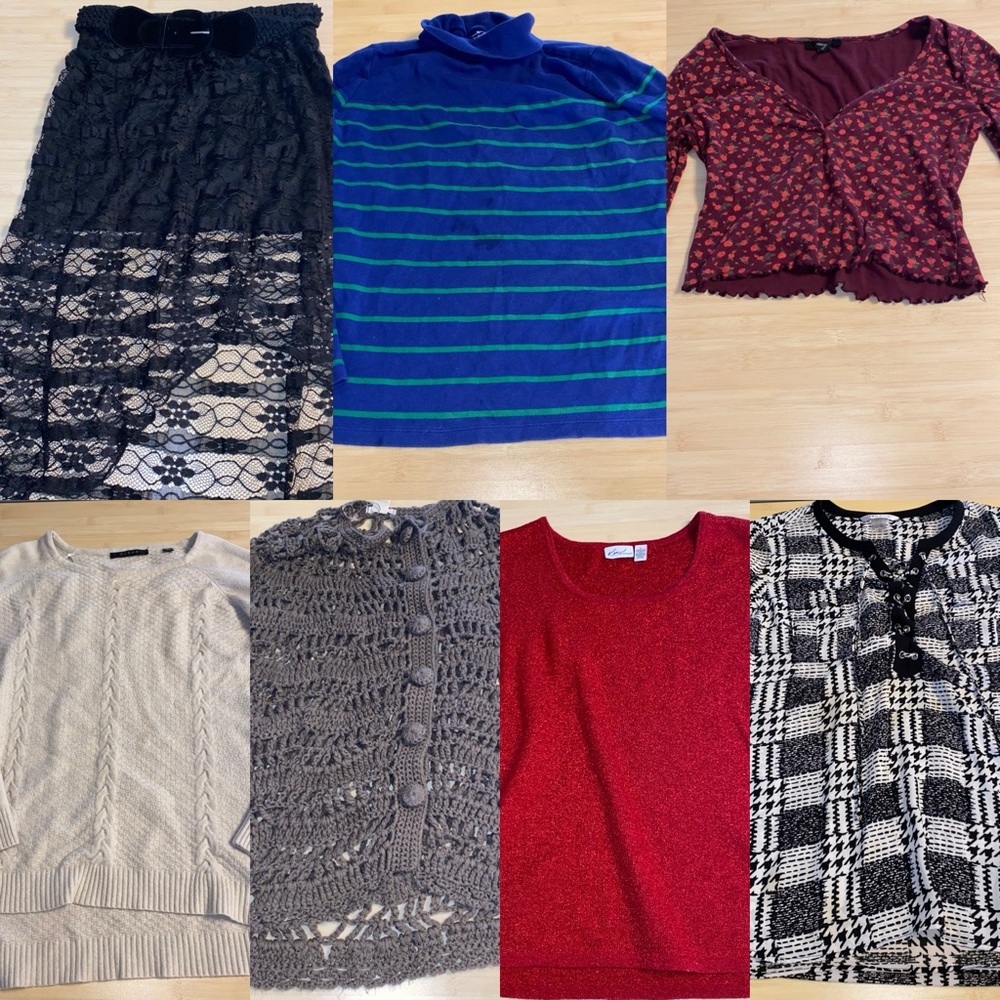 7 women’s size large clothes lot - skirt sweaters  tops